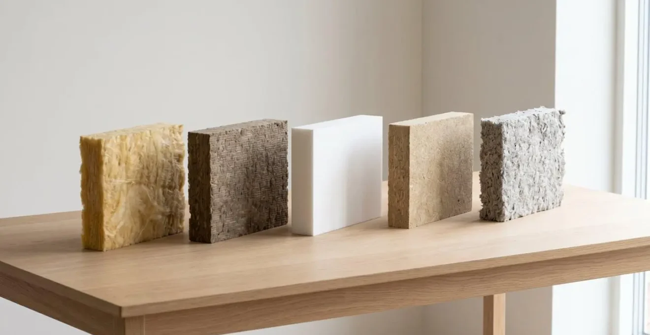 Cinq échantillons d'isolants thermiques alignés sur une table : laine de verre jaune, laine de roche brune, polyuréthane blanc, fibre de bois beige et ouate de cellulose grise.