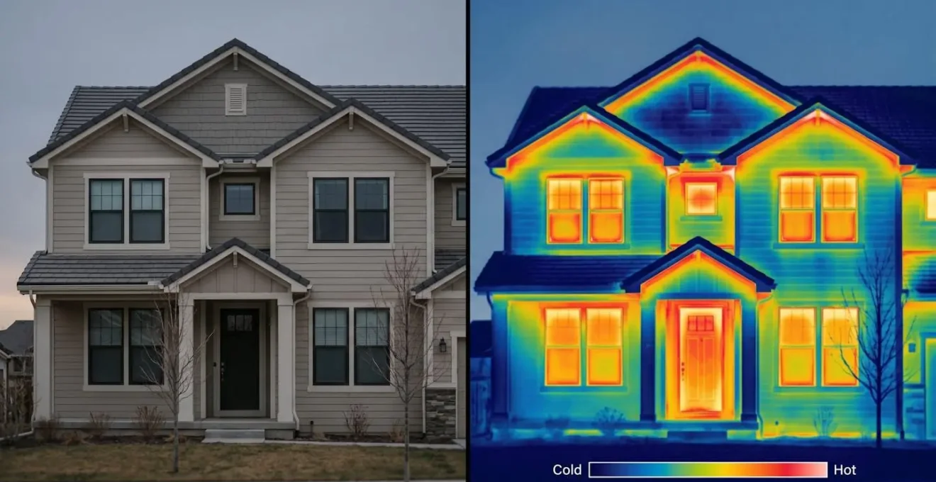 Façade de maison en vue normale à gauche et en thermographie infrarouge à droite, révélant les déperditions thermiques en rouge autour des fenêtres et de la toiture.