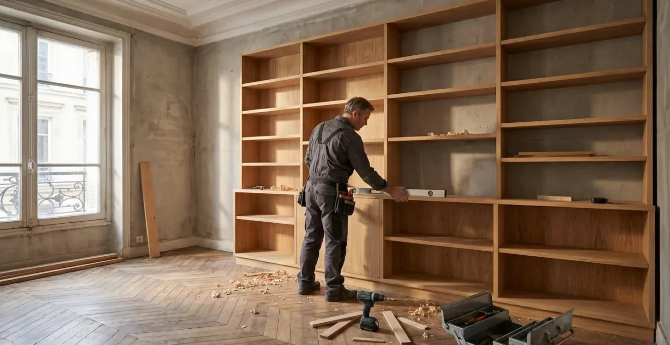 Artisan menuisier installant une bibliothèque sur mesure en chêne massif dans un salon d'appartement, ajustant les modules avec niveau à bulle et outils professionnels au premier plan
