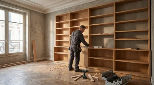 Artisan menuisier installant une bibliothèque sur mesure en chêne massif dans un salon d'appartement, ajustant les modules avec niveau à bulle et outils professionnels au premier plan
