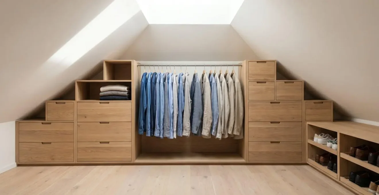 Dressing sur mesure en chêne clair intégré sous combles mansardés avec tiroirs bas et penderie centrale exploitant toute la hauteur disponible
