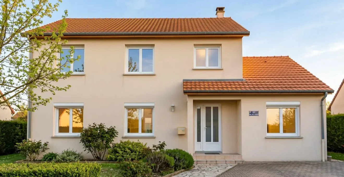 Façade d'une maison individuelle française en crépi beige équipée de fenêtres PVC blanches récentes à double vitrage avec volets roulants, lumière de fin de journée
