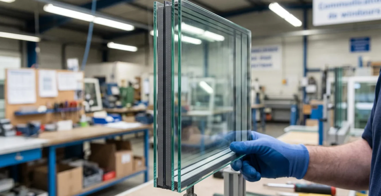 Gros plan sur la tranche d'un triple vitrage montrant trois épaisseurs de verre transparent séparées par deux lames de gaz et des intercalaires gris anthracite, tenu par une main gantée de technicien