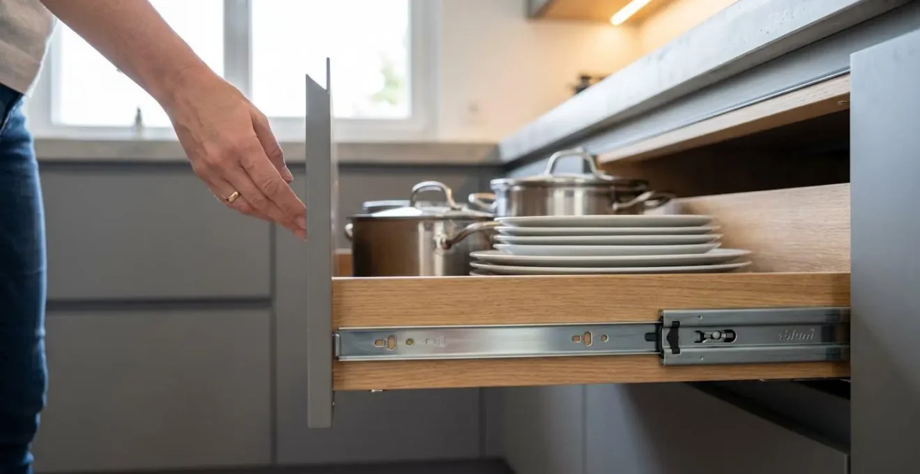 Tiroir de cuisine sur mesure en extraction totale avec coulisses professionnelles Blum, chargé de vaisselle lourde et ouvert sans effort