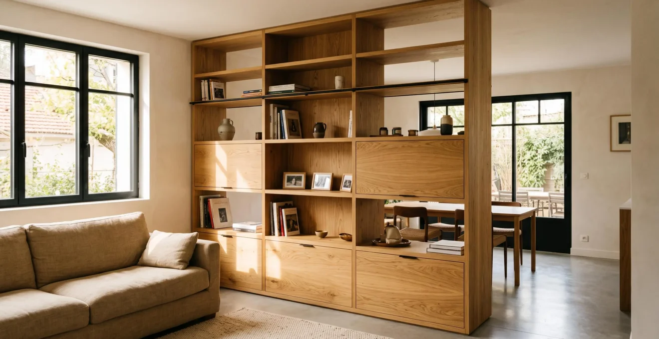 Bibliothèque sur mesure en chêne massif du sol au plafond intégrée dans un espace de vie contemporain avec lumière naturelle.