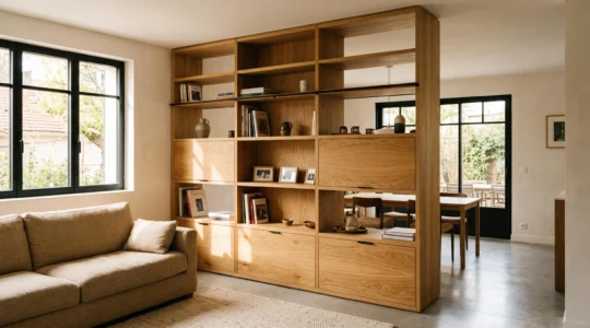 Bibliothèque sur mesure en chêne massif du sol au plafond intégrée dans un espace de vie contemporain avec lumière naturelle.