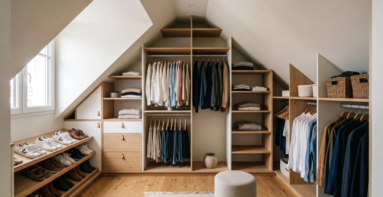 Dressing sur mesure sous combles avec système de rangement modulaire exploitant les hauteurs variables du plafond mansardé.