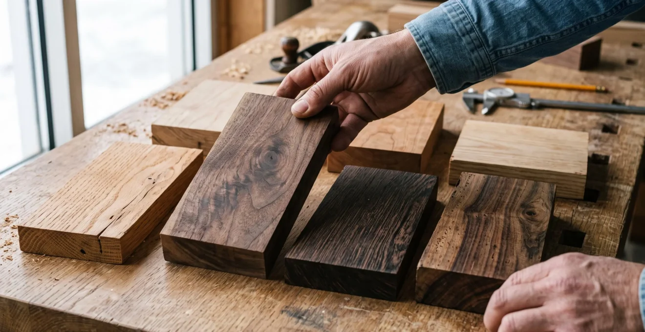 Échantillons de bois nobles présentant les variations de teintes et veinages entre chêne, noyer et essences exotiques.