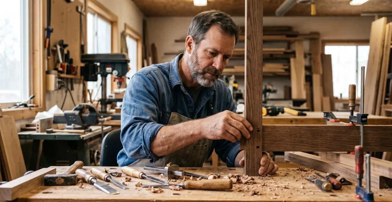 Artisan menuisier assemblant un joint traditionnel à tenon-mortaise sur une pièce de mobilier sur mesure dans un atelier professionnel.